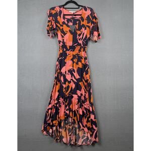 Abel The Label Dress Womens Small Pink Orange Navy Floral Button Midi Boho Rayon